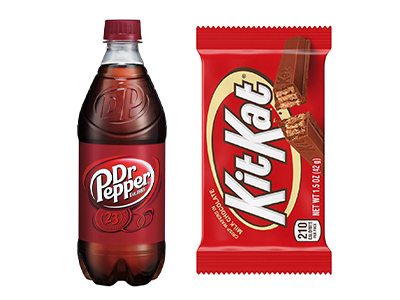 A photo of a Kit Kat bar and Dr Pepper
