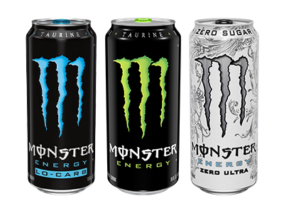 A photo of three Monster Energy cans